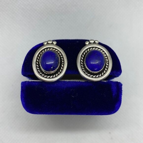 💛 925 Vintage Lapis Lazuli Clip On Earrings - Picture 2 of 4